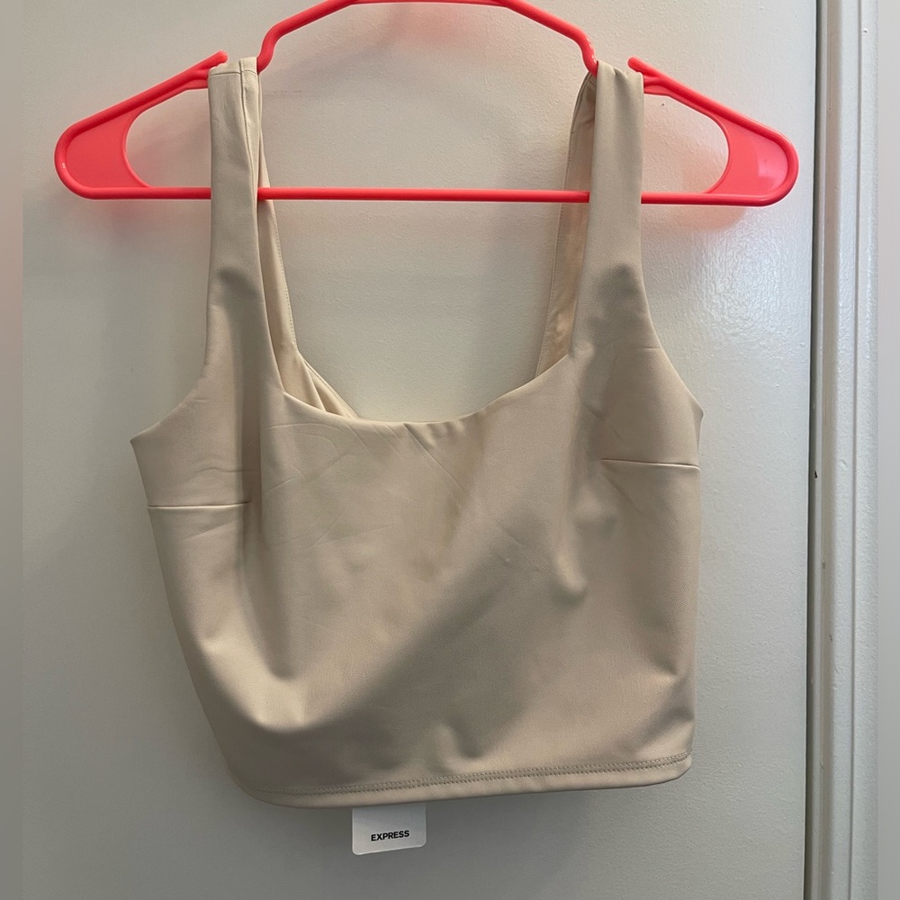 Express womens cream colored leather crop tank top, size small.